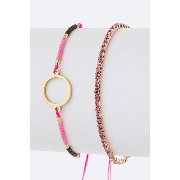DIONA J SEED BEADS STRING RHINESTONE BRACELET SET COLOR GOLD/PINK - Picture 1 of 2